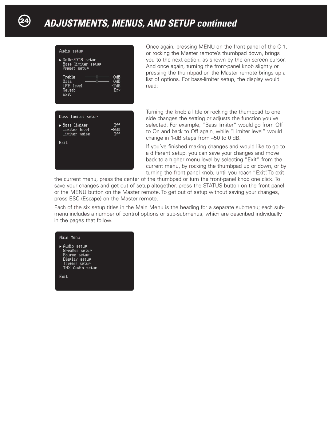 Parasound Halo C1 Controller manual ADJUSTMENTS, MENUS, and Setup 