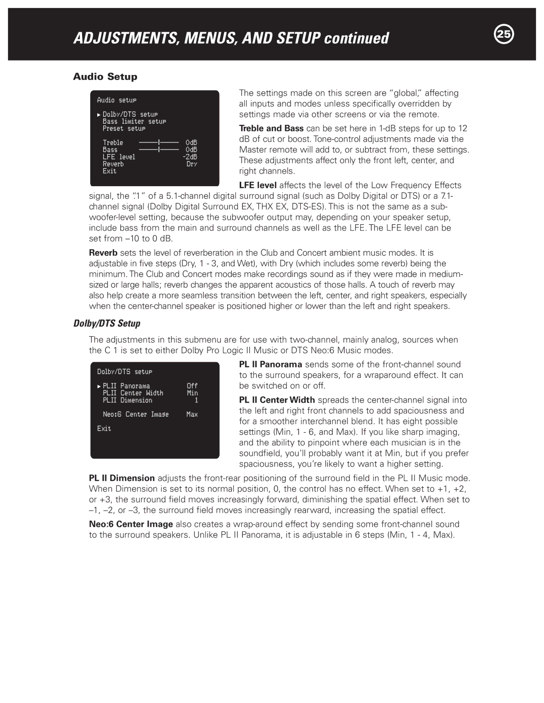 Parasound Halo C1 Controller manual Audio Setup, Dolby/DTS Setup 