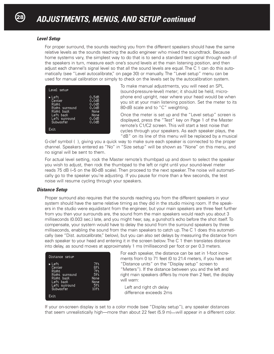 Parasound Halo C1 Controller manual Level Setup, Distance Setup 