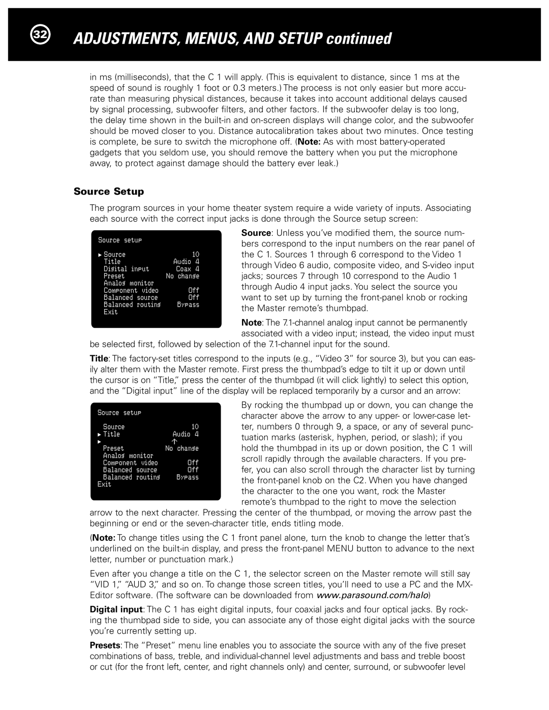 Parasound Halo C1 Controller manual Source Setup, Front-panel knob on the C2. When you have changed 