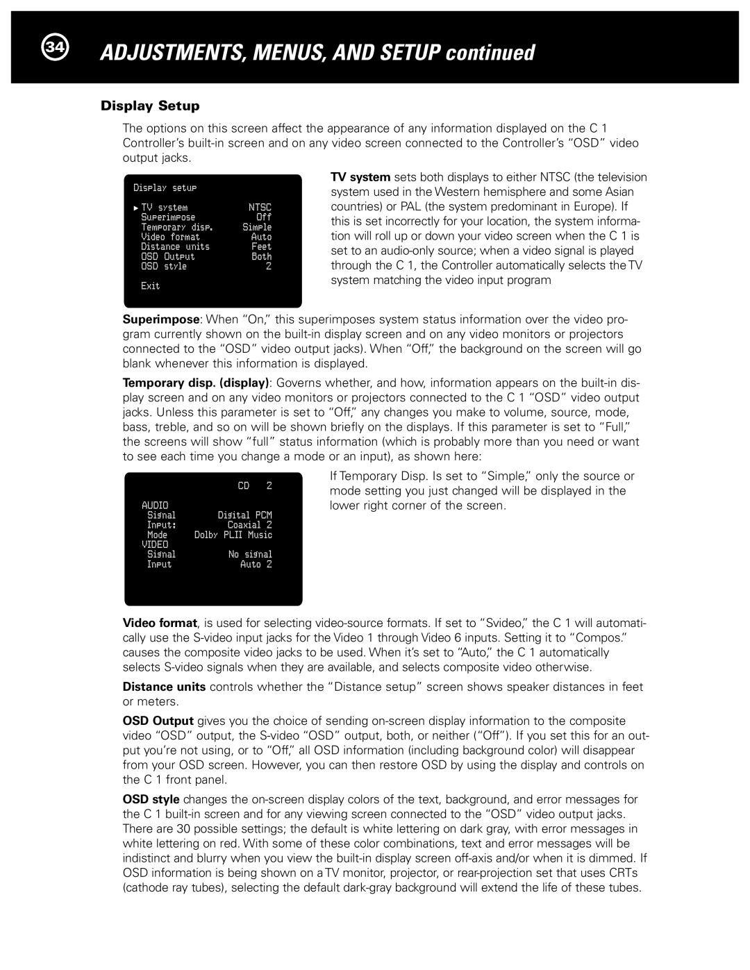 Parasound Halo C1 Controller manual Display Setup, Ntsc 