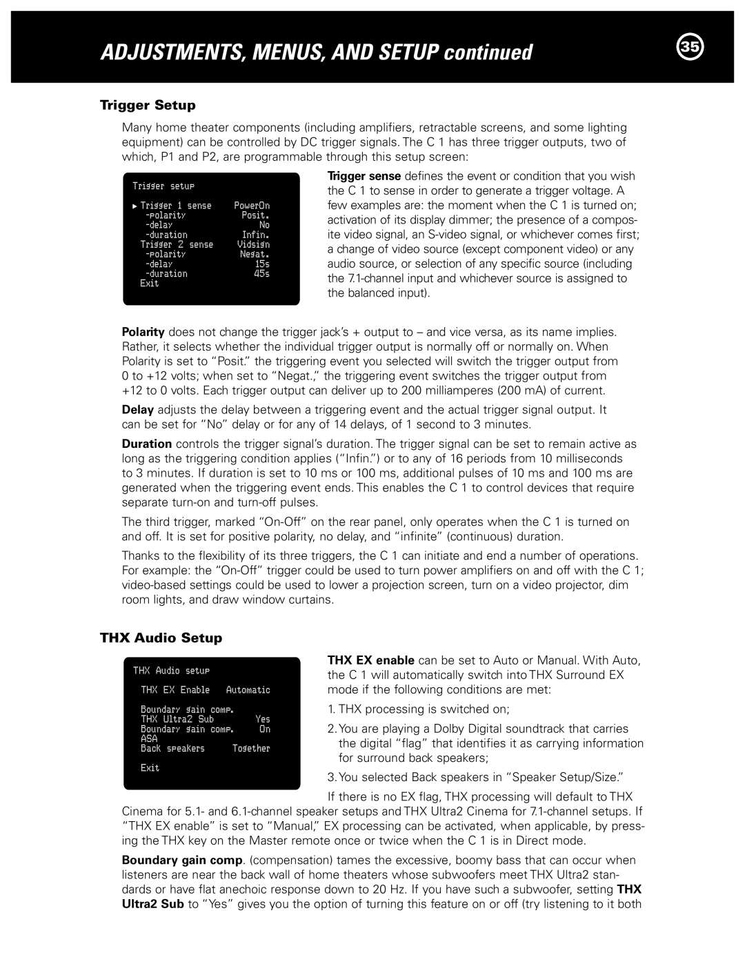 Parasound Halo C1 Controller manual Trigger Setup, THX Audio Setup 