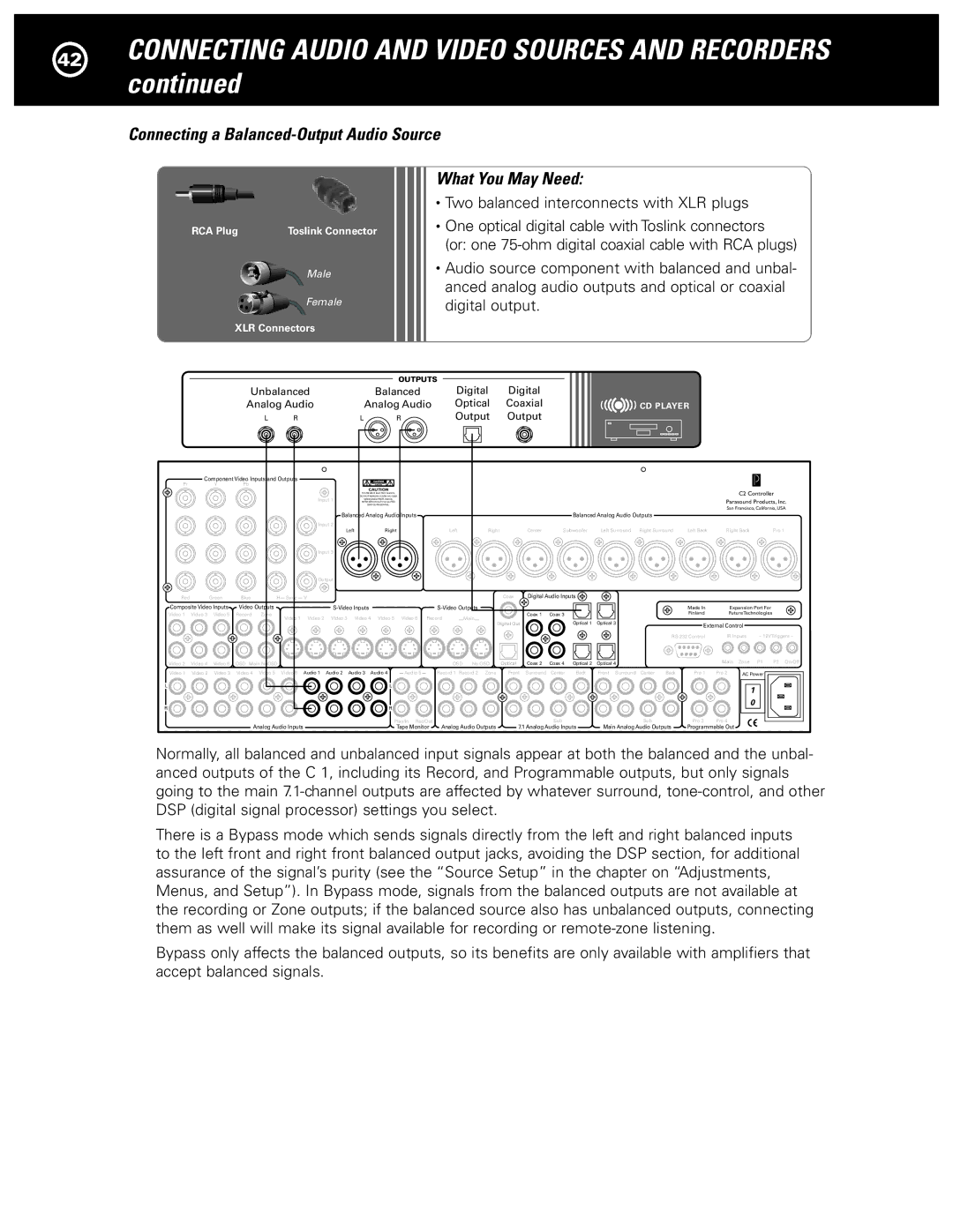 Parasound Halo C1 Controller manual Connecting a Balanced-Output Audio Source 