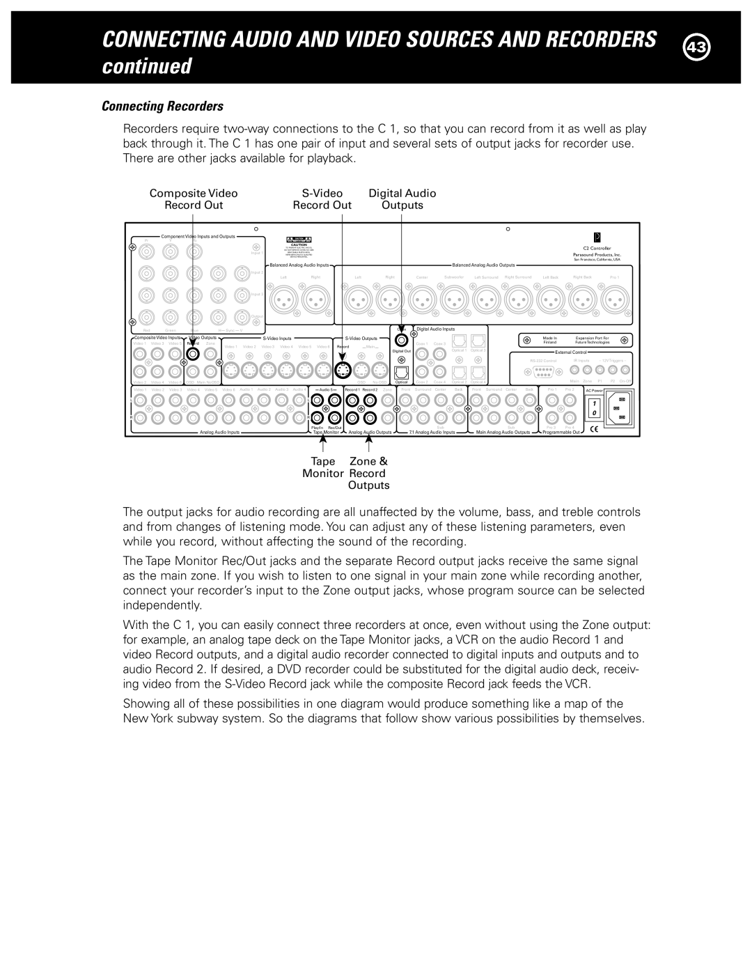 Parasound Halo C1 Controller manual Connecting Recorders, Composite Video Digital Audio Record Out Outputs 