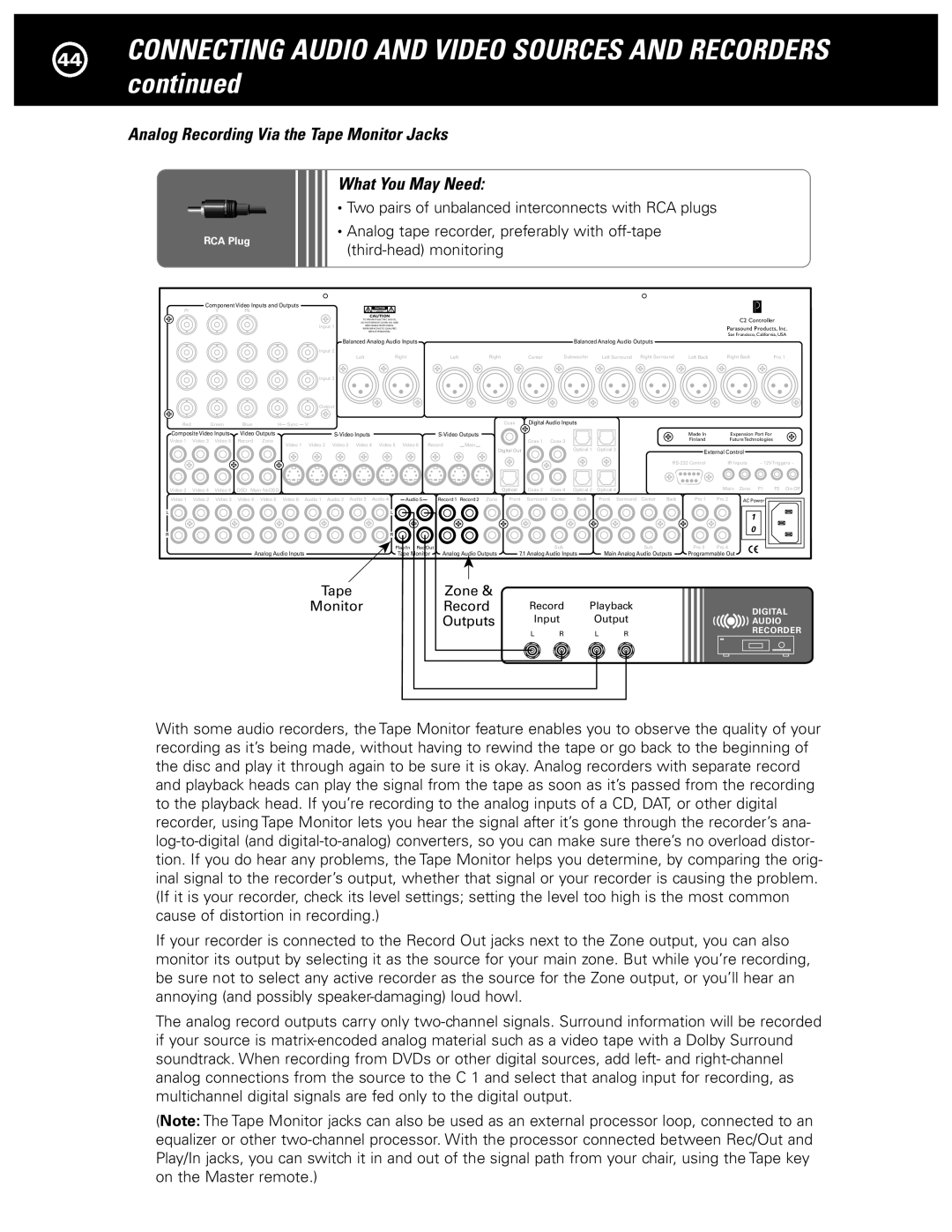 Parasound Halo C1 Controller manual Analog Recording Via the Tape Monitor Jacks 