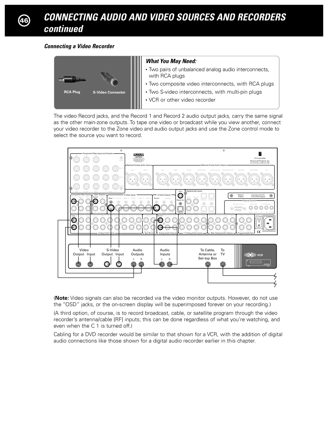 Parasound Halo C1 Controller manual Connecting a Video Recorder, Video Inputs Video Outputs 