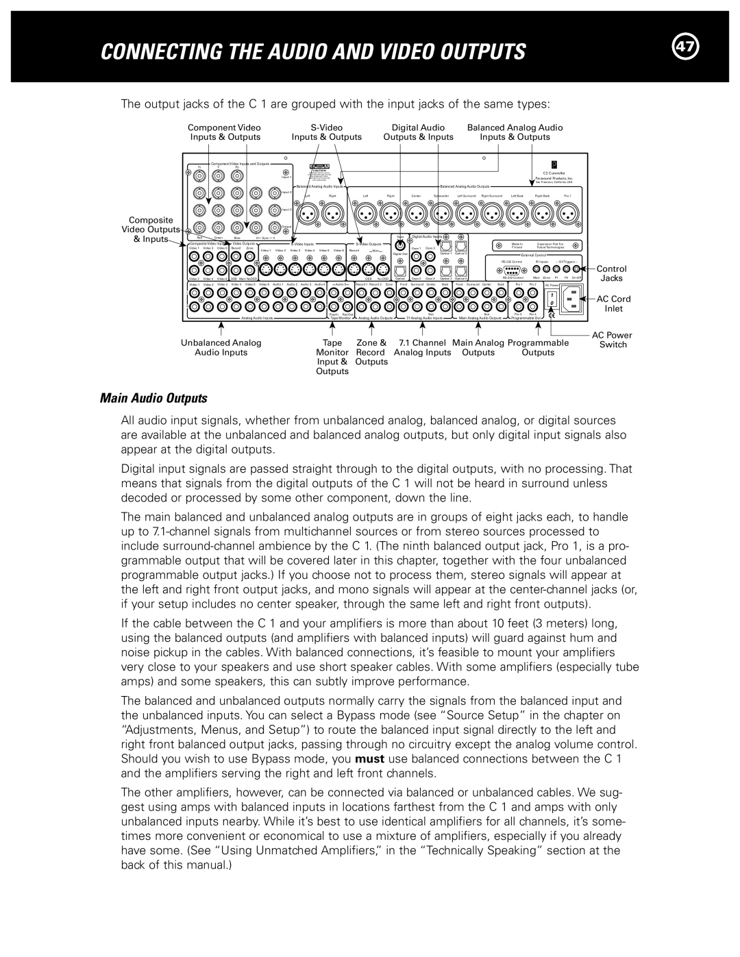 Parasound Halo C1 Controller manual Connecting the Audio and Video Outputs, Main Audio Outputs 