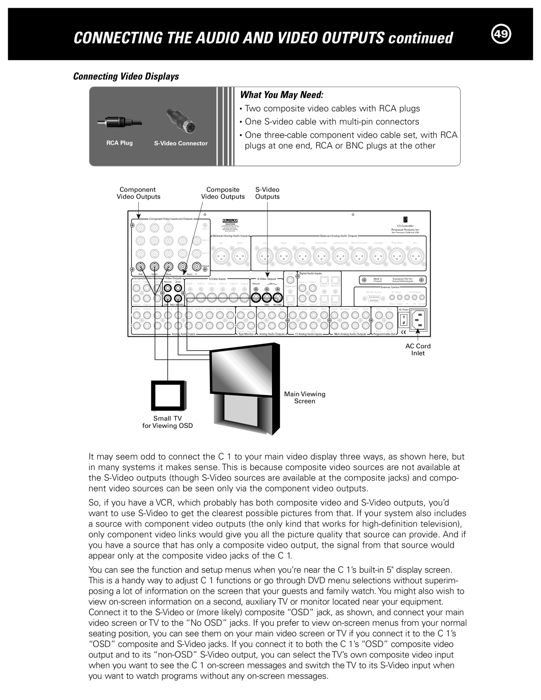 Parasound Halo C1 Controller manual Connecting the Audio and Video Outputs, Connecting Video Displays 