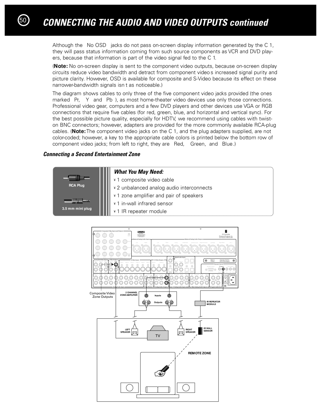 Parasound Halo C1 Controller manual Connecting a Second Entertainment Zone, Parasound Products, Inc 