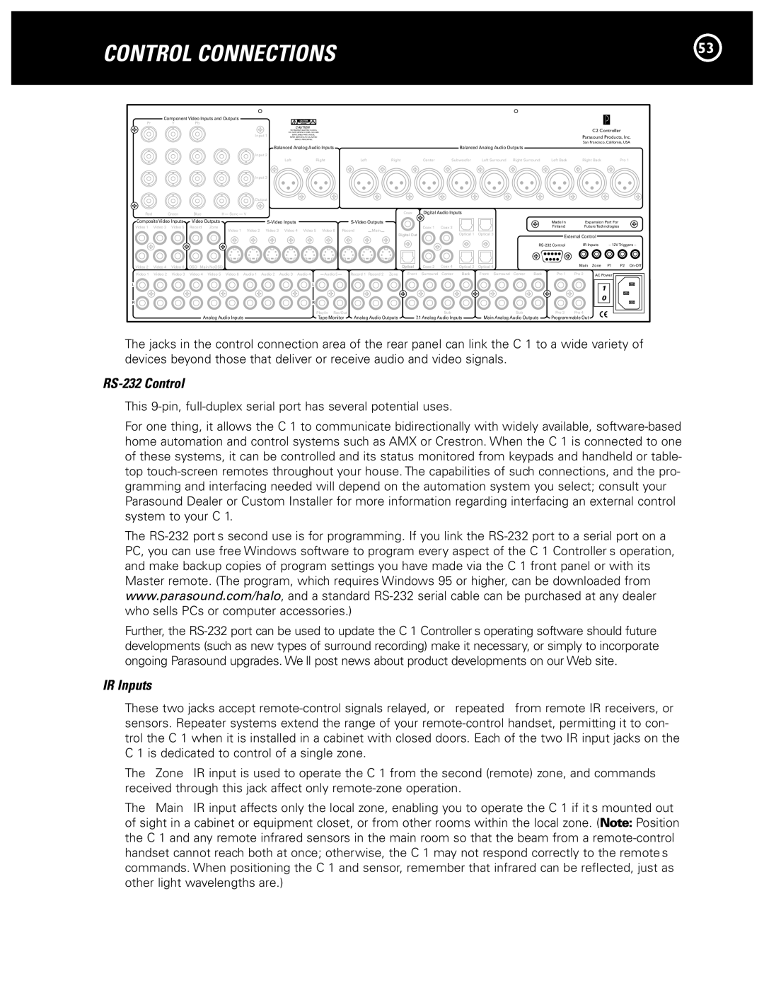 Parasound Halo C1 Controller manual Control Connections, RS-232 Control, IR Inputs 