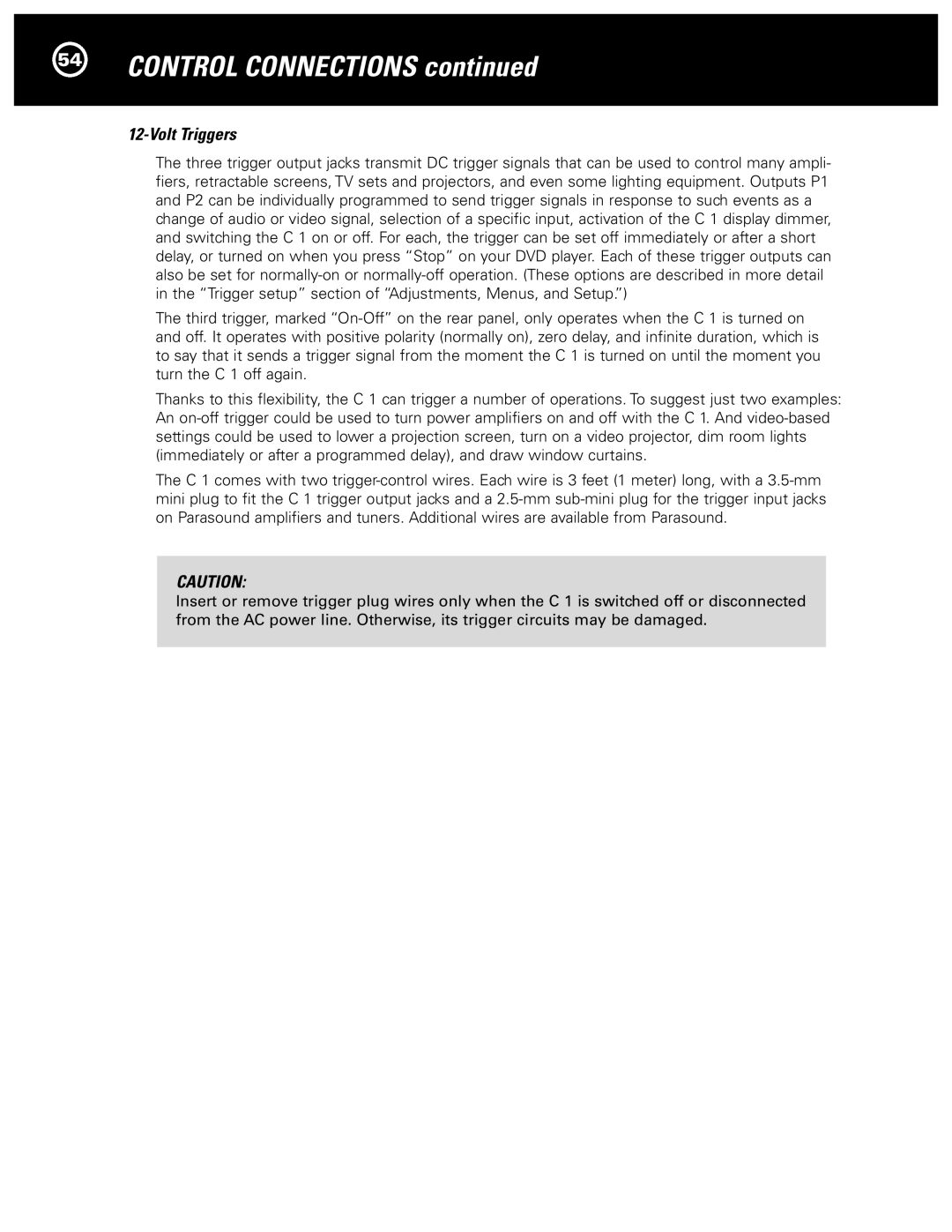 Parasound Halo C1 Controller manual Control Connections, Volt Triggers 