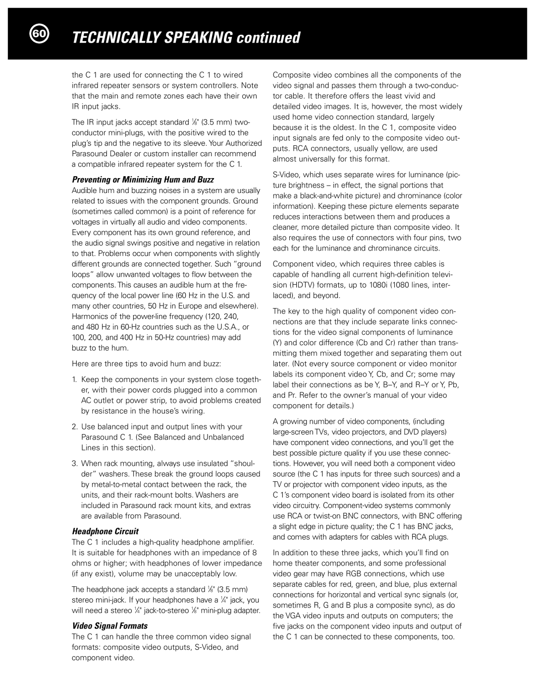 Parasound Halo C1 Controller manual Technically Speaking, Preventing or Minimizing Hum and Buzz 