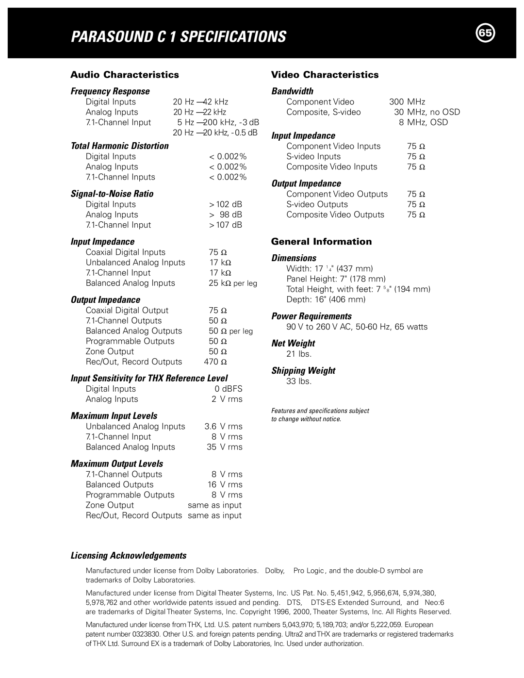 Parasound Halo C1 Controller manual Parasound C 1 Specifications 