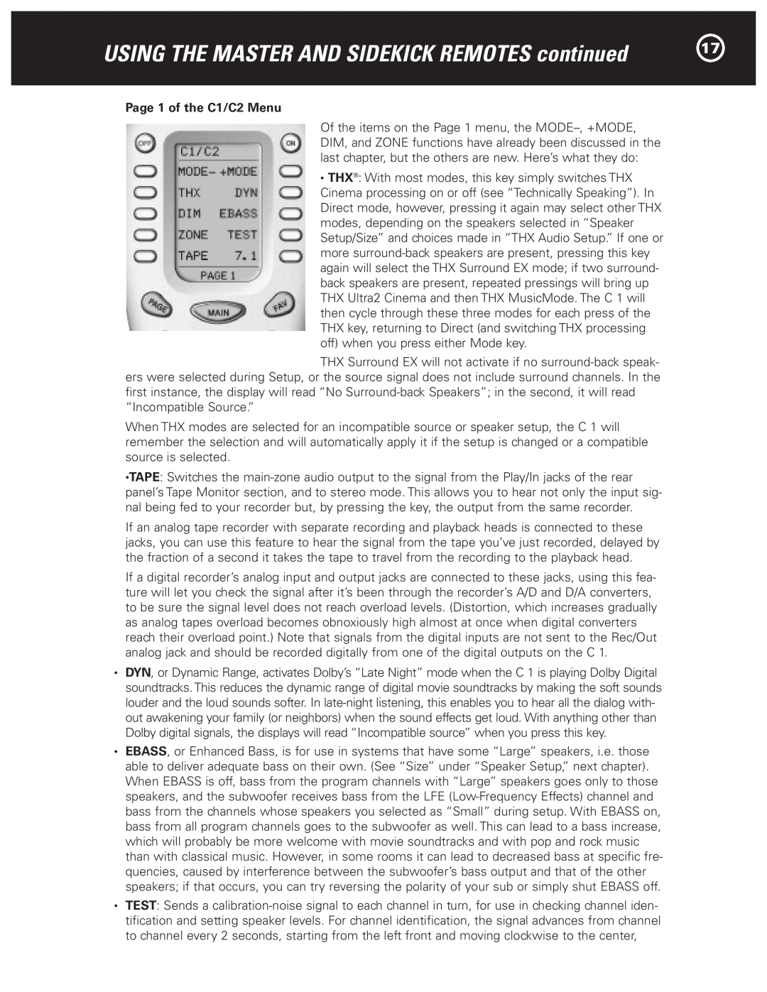 Parasound Halo C1 Controller manual USING THE MASTER AND SIDEKICK REMOTES continued, Page 1 of the C1/C2 Menu 