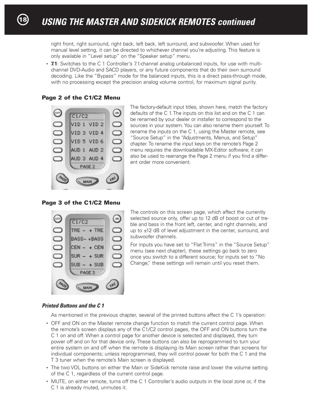 Parasound Halo C1 Controller manual 18USING THE MASTER AND SIDEKICK REMOTES continued, Page 2 of the C1/C2 Menu 