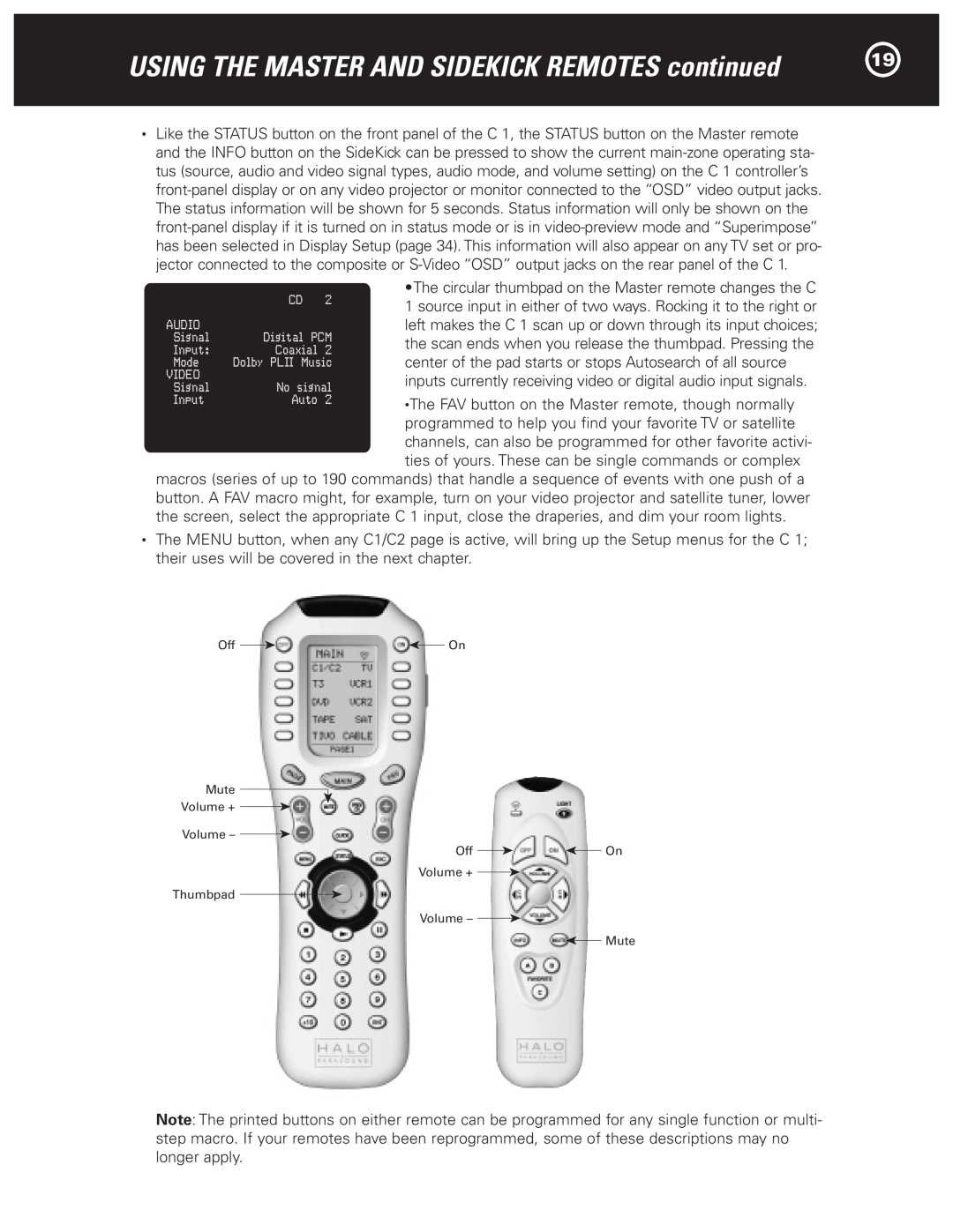 Parasound Halo C1 Controller manual USING THE MASTER AND SIDEKICK REMOTES continued, Audio 