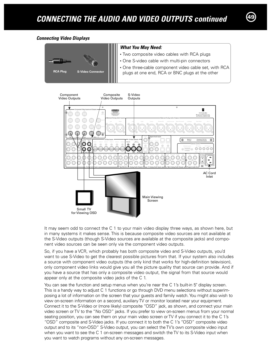 Parasound Halo C1 Controller manual CONNECTING THE AUDIO AND VIDEO OUTPUTS continued, Connecting Video Displays 