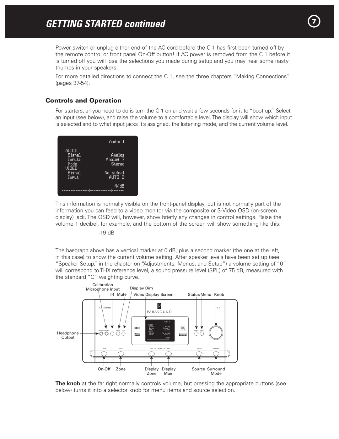 Parasound Halo C1 Controller manual GETTING STARTED continued, Controls and Operation 
