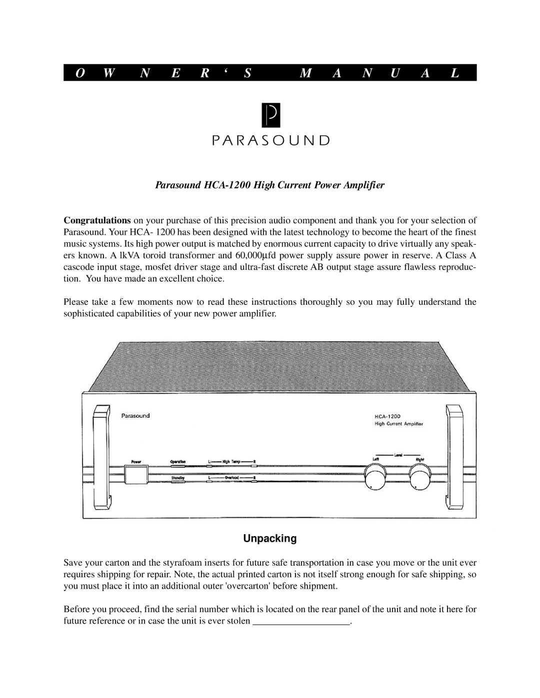 Parasound HCA-1200 owner manual N U a L, Unpacking 