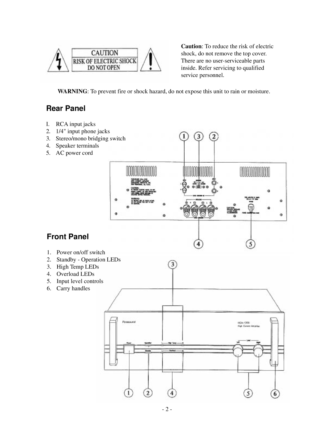 Parasound HCA-1200 owner manual Rear Panel, Front Panel 