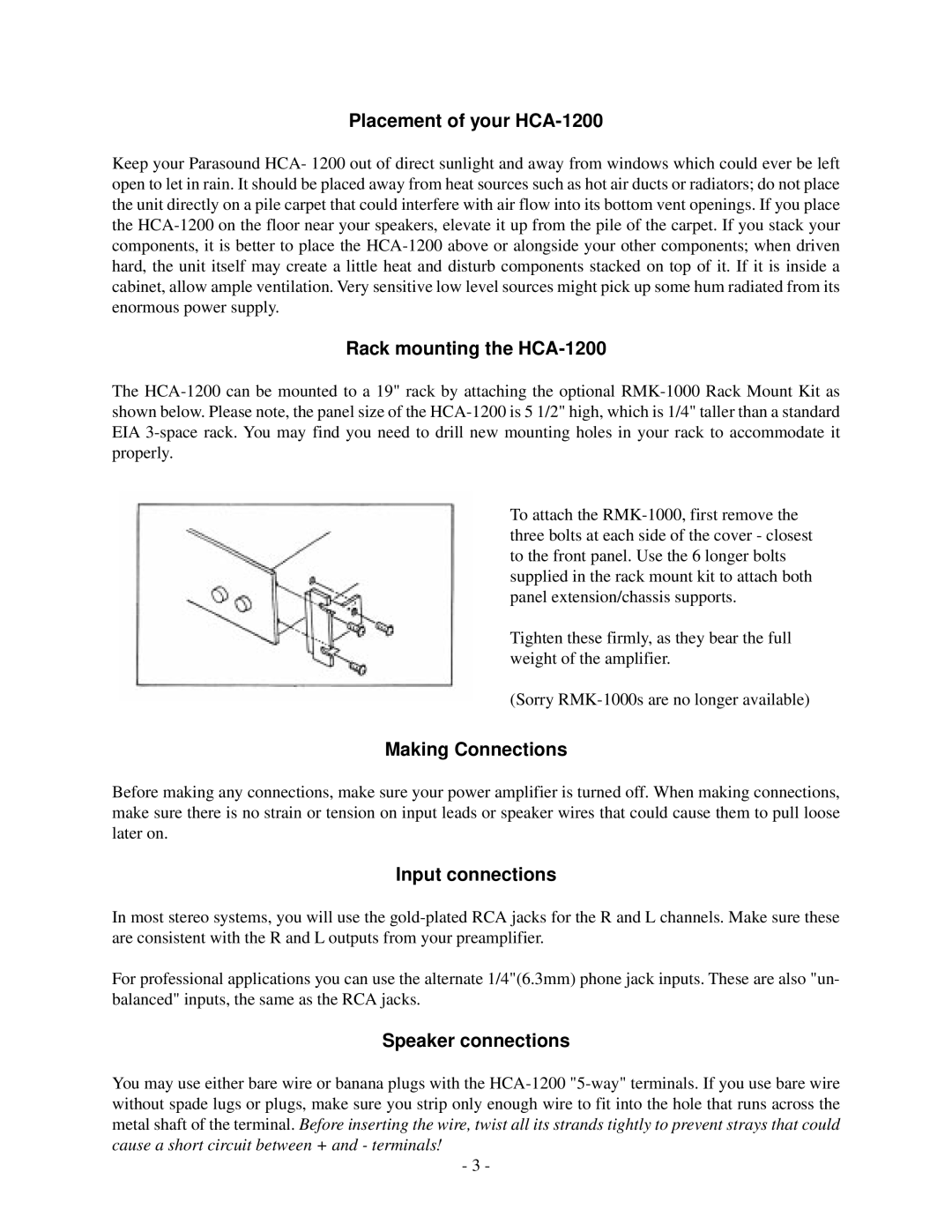 Parasound owner manual Placement of your HCA-1200, Rack mounting the HCA-1200, Making Connections, Input connections 