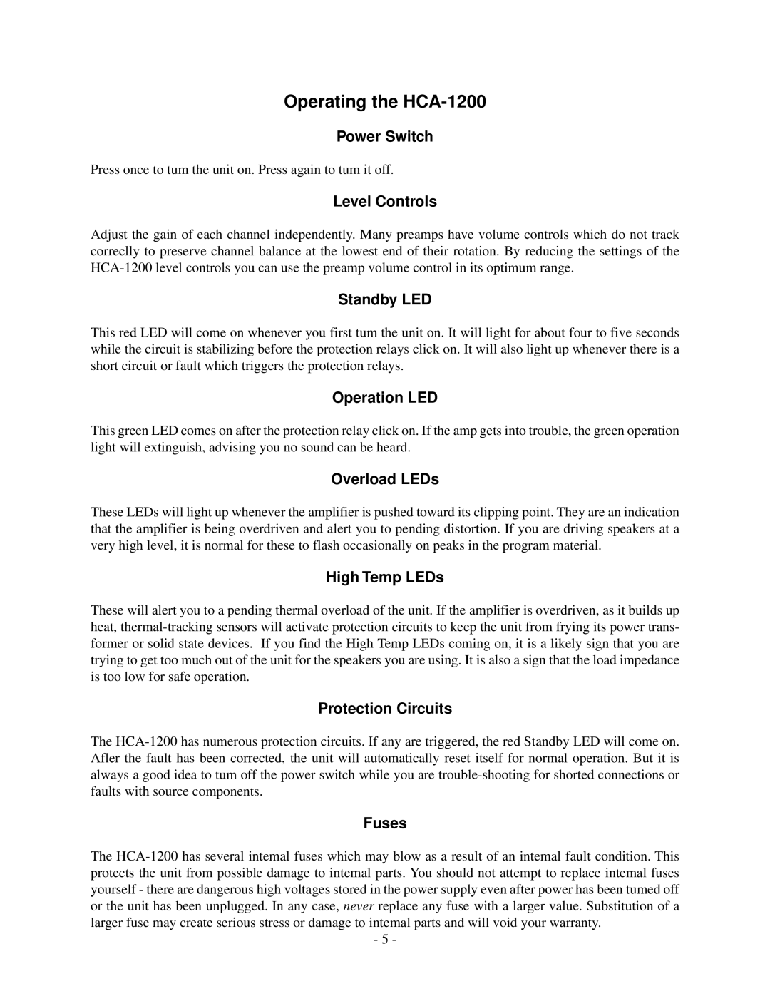 Parasound owner manual Operating the HCA-1200 