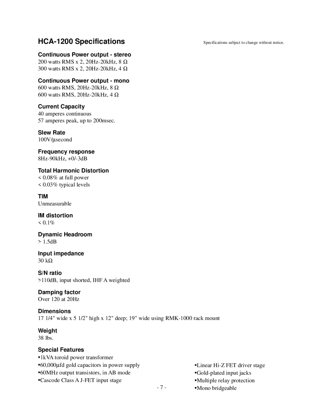 Parasound owner manual HCA-1200 Specifications 