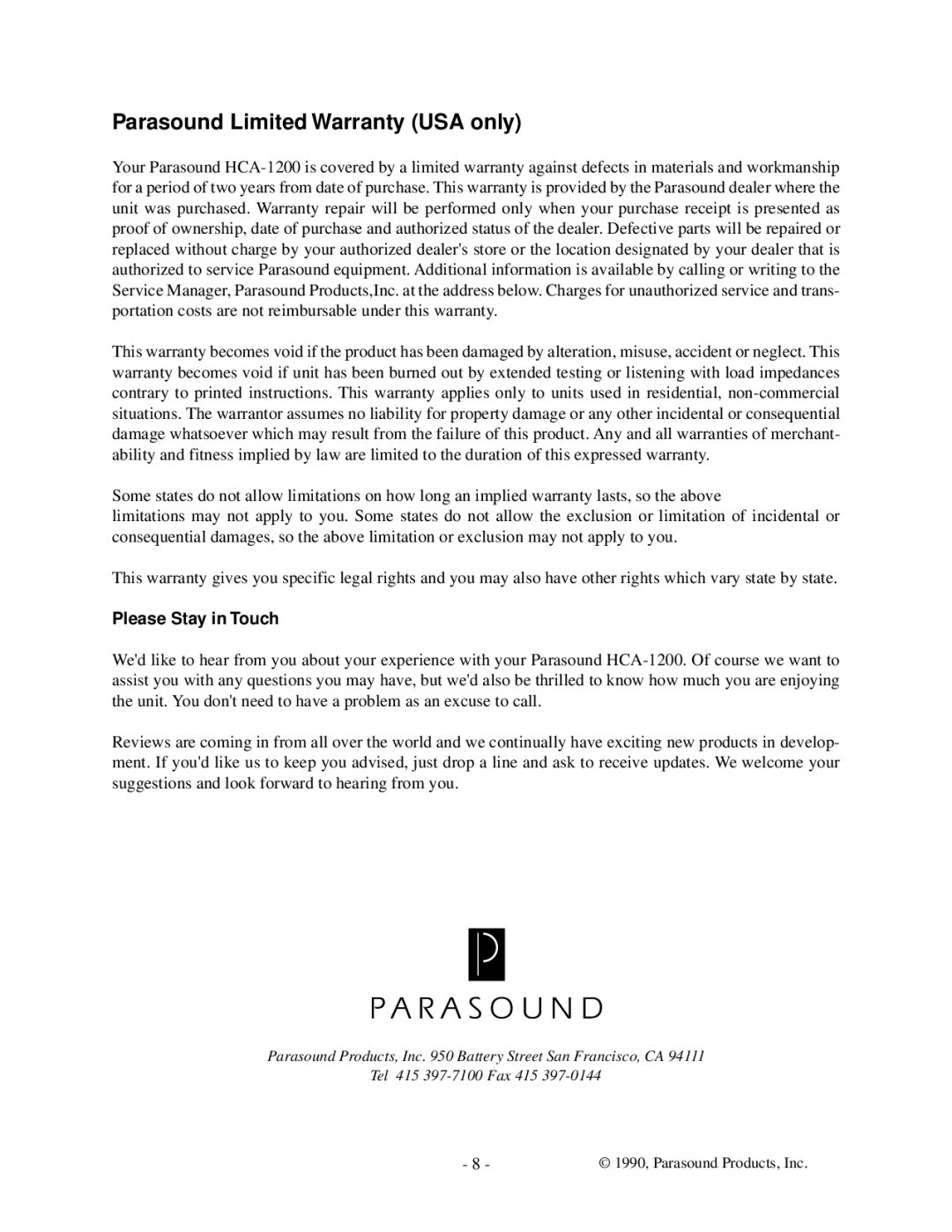 Parasound HCA-1200 owner manual Parasound Limited Warranty USA only, Please Stay in Touch 