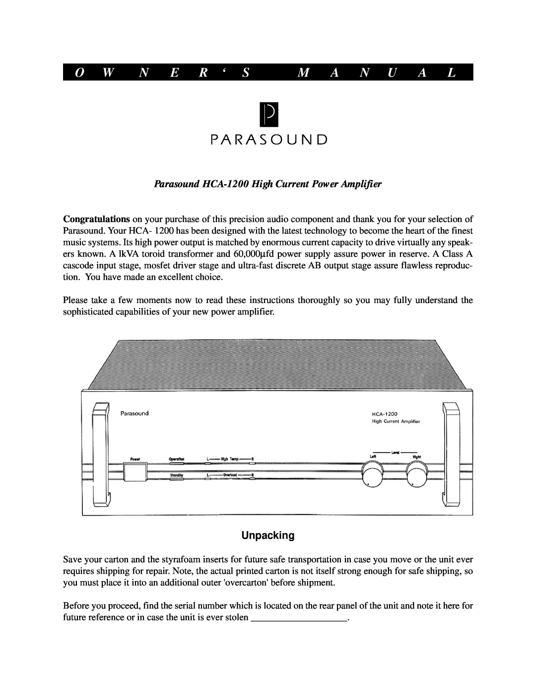 Parasound owner manual Unpacking, O W N E R ‘ S, M A N U A L, Parasound HCA-1200High Current Power Amplifier 