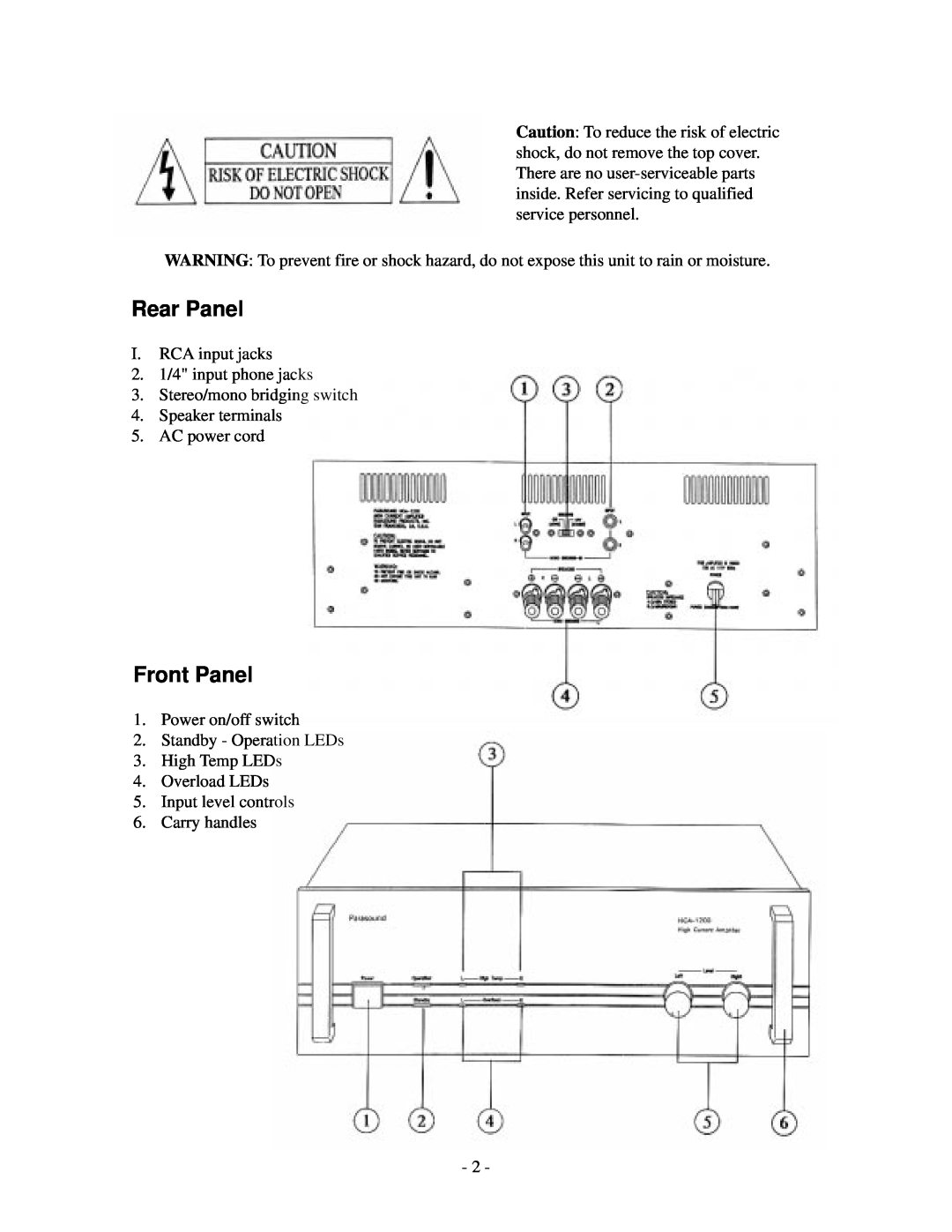 Parasound HCA-1200 owner manual Rear Panel, Front Panel 