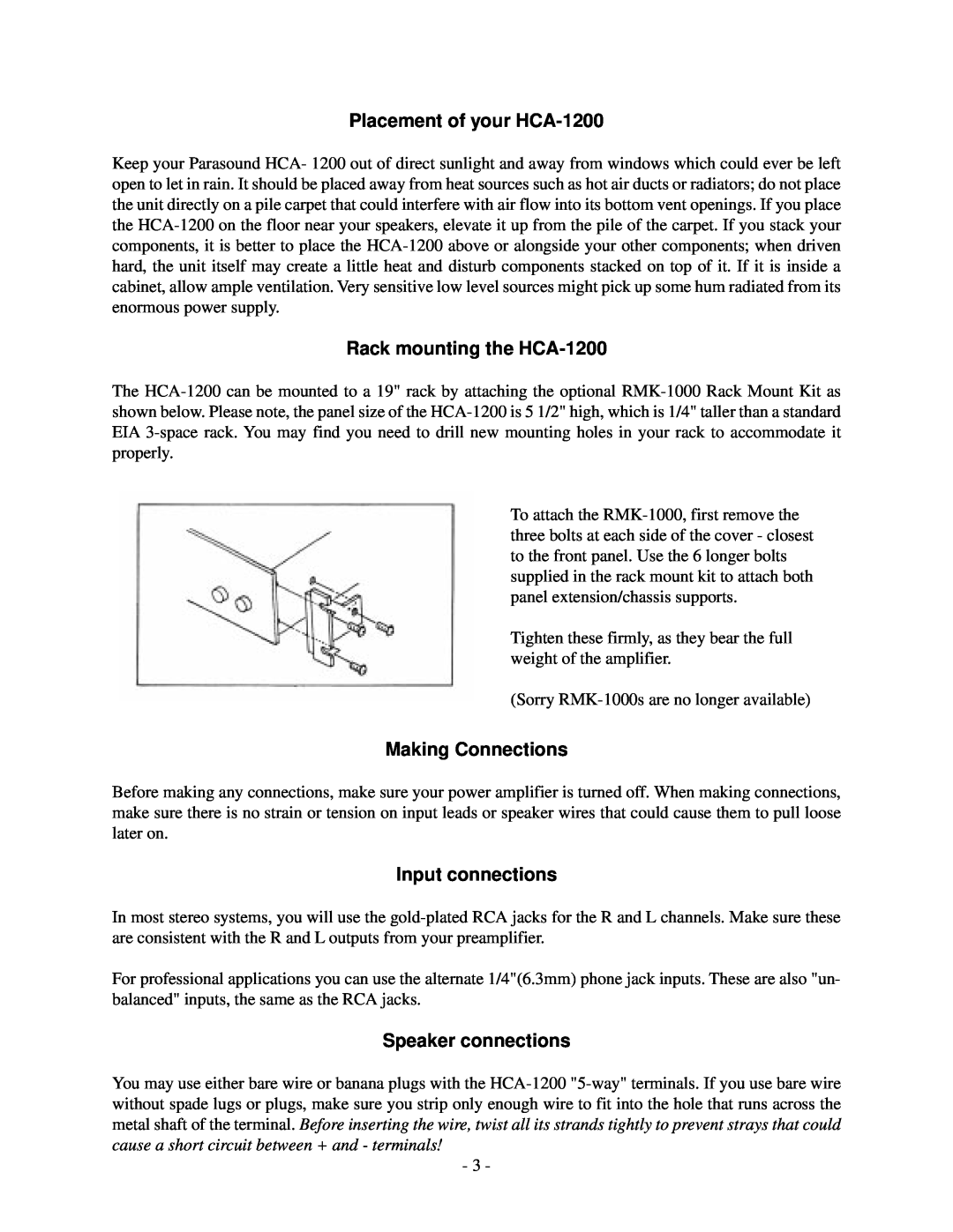Parasound owner manual Placement of your HCA-1200, Rack mounting the HCA-1200, Making Connections, Input connections 
