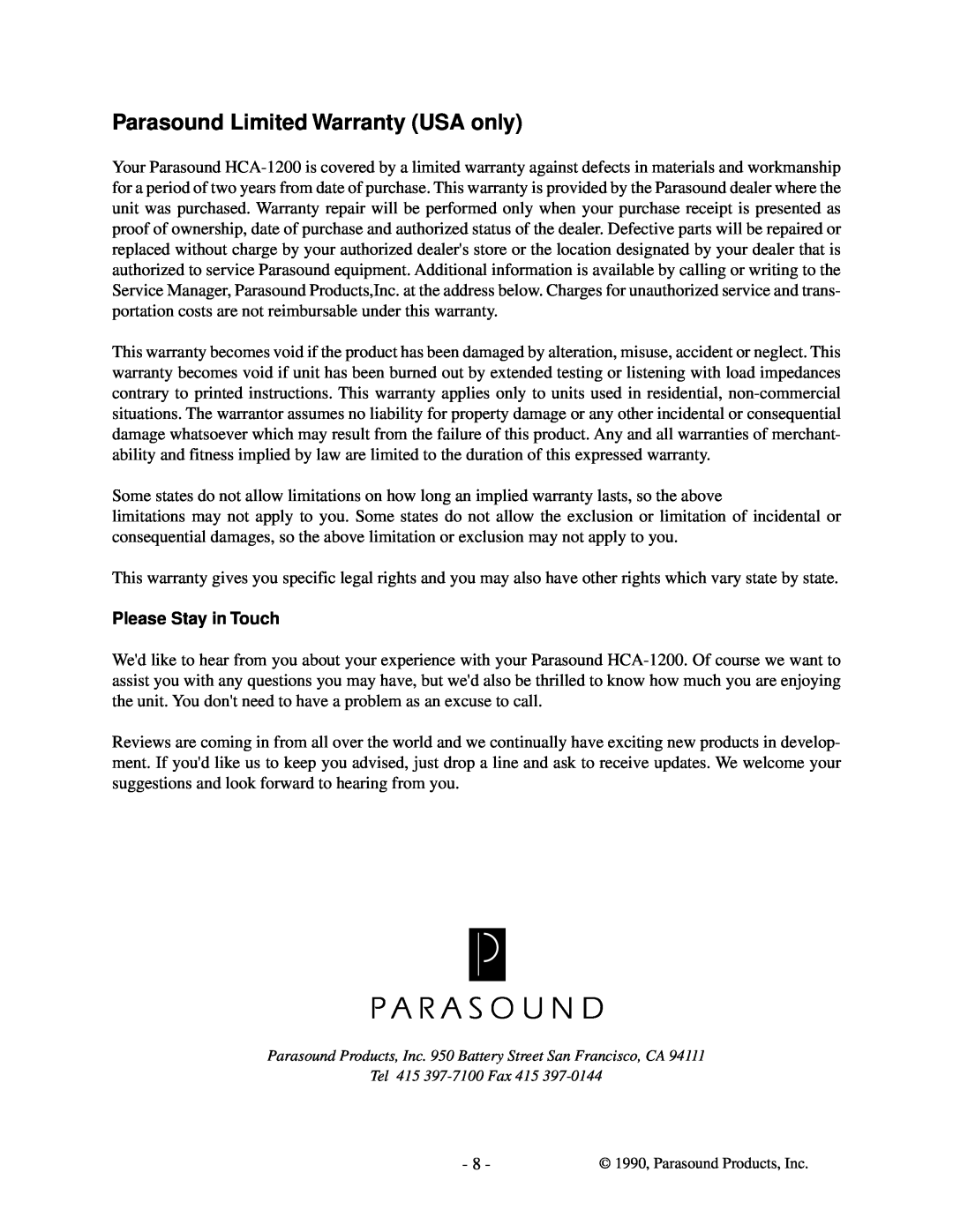 Parasound HCA-1200 owner manual Parasound Limited Warranty USA only, Please Stay in Touch 