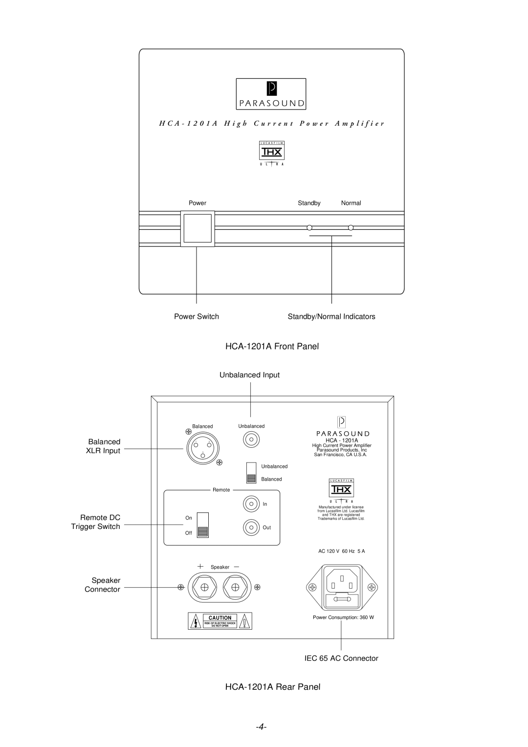 Parasound owner manual HCA-1201A Rear Panel 