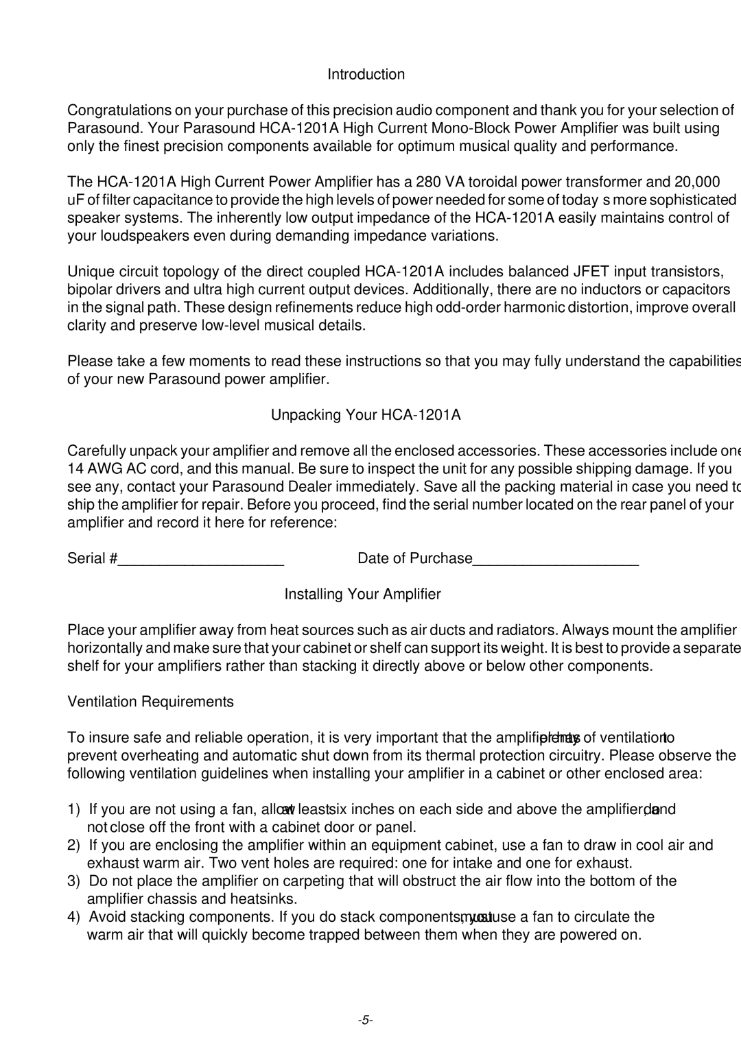 Parasound owner manual Unpacking Your HCA-1201A, Installing Your Amplifier, Ventilation Requirements 