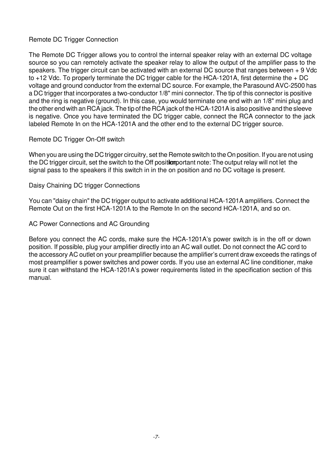 Parasound HCA-1201A Remote DC Trigger Connection, Remote DC Trigger On-Off switch, Daisy Chaining DC trigger Connections 