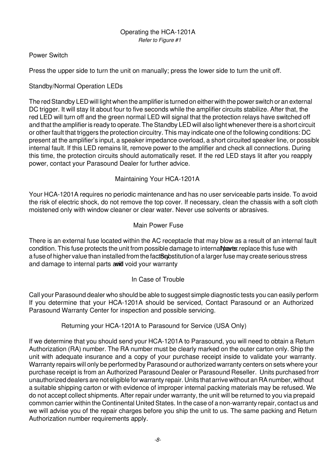 Parasound owner manual Operating the HCA-1201A, Power Switch, Standby/Normal Operation LEDs, Maintaining Your HCA-1201A 