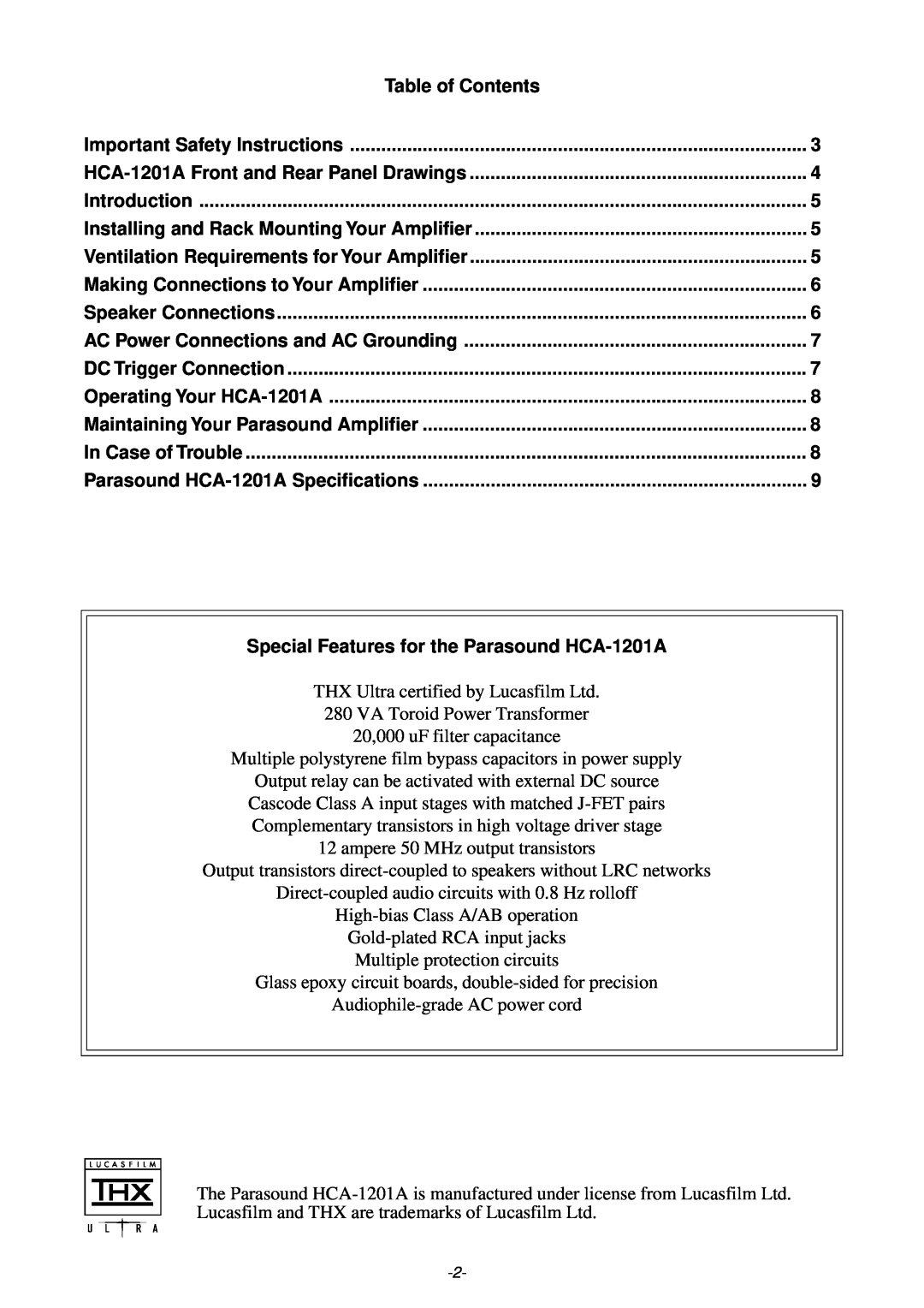 Parasound Table of Contents, Important Safety Instructions, HCA-1201AFront and Rear Panel Drawings, Introduction 