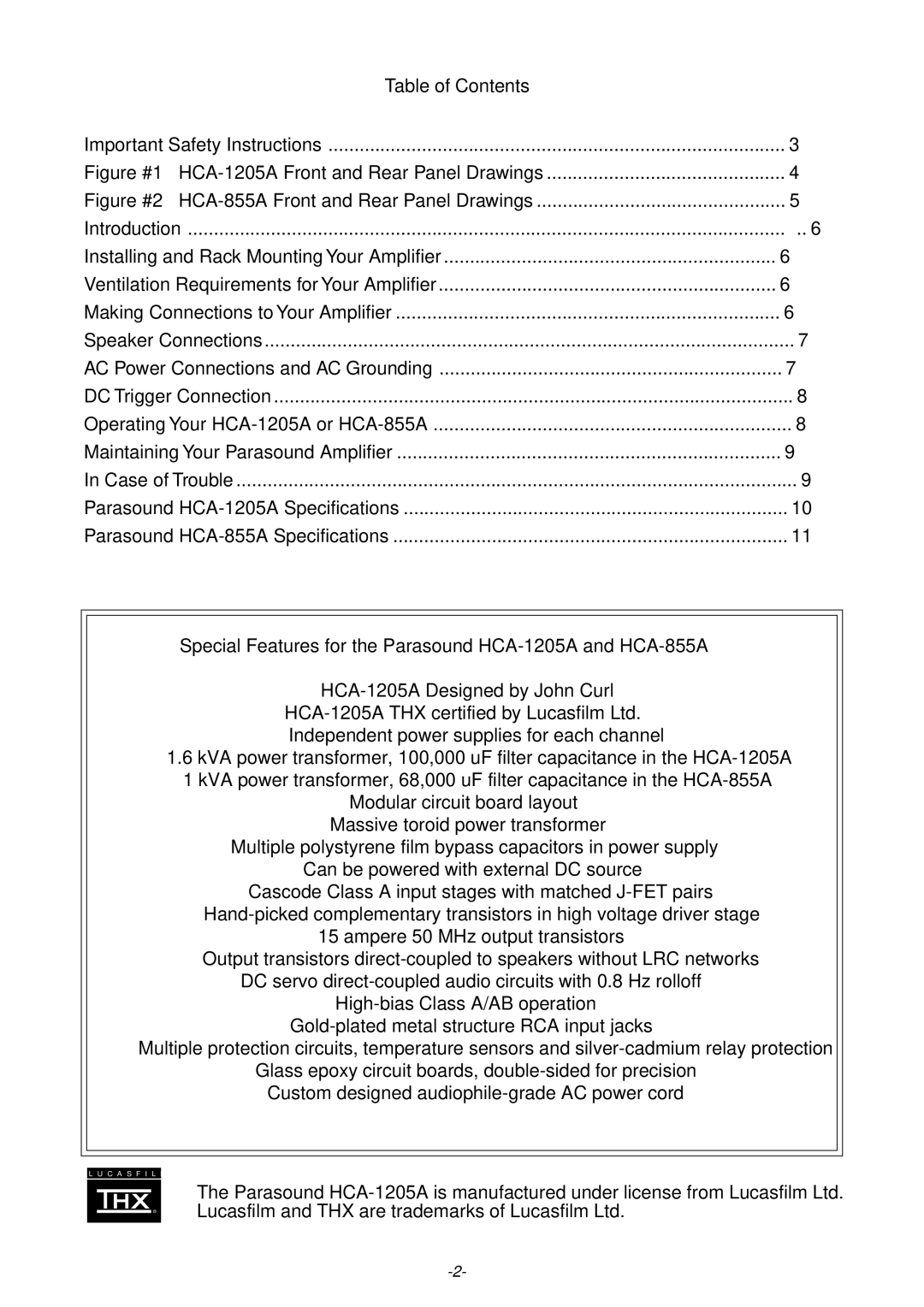 Parasound Table of Contents Important Safety Instructions, Figure #1 HCA-1205A Front and Rear Panel Drawings 