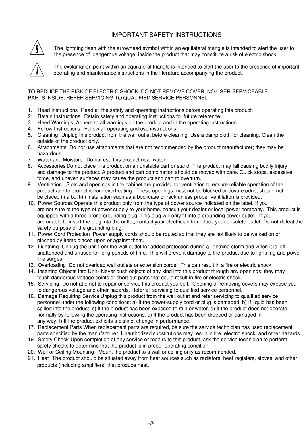 Parasound HCA-1205A owner manual Important Safety Instructions 