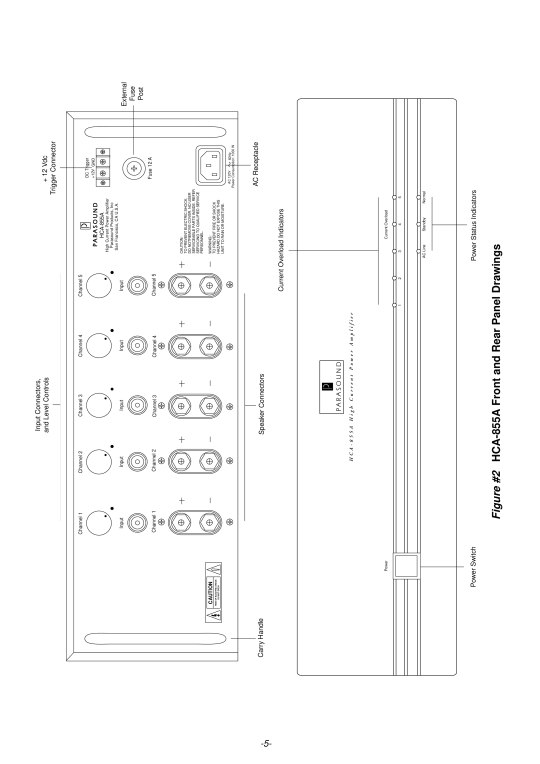 Parasound HCA-1205A owner manual Figure #2 HCA-855A Front and Rear Panel Drawings 