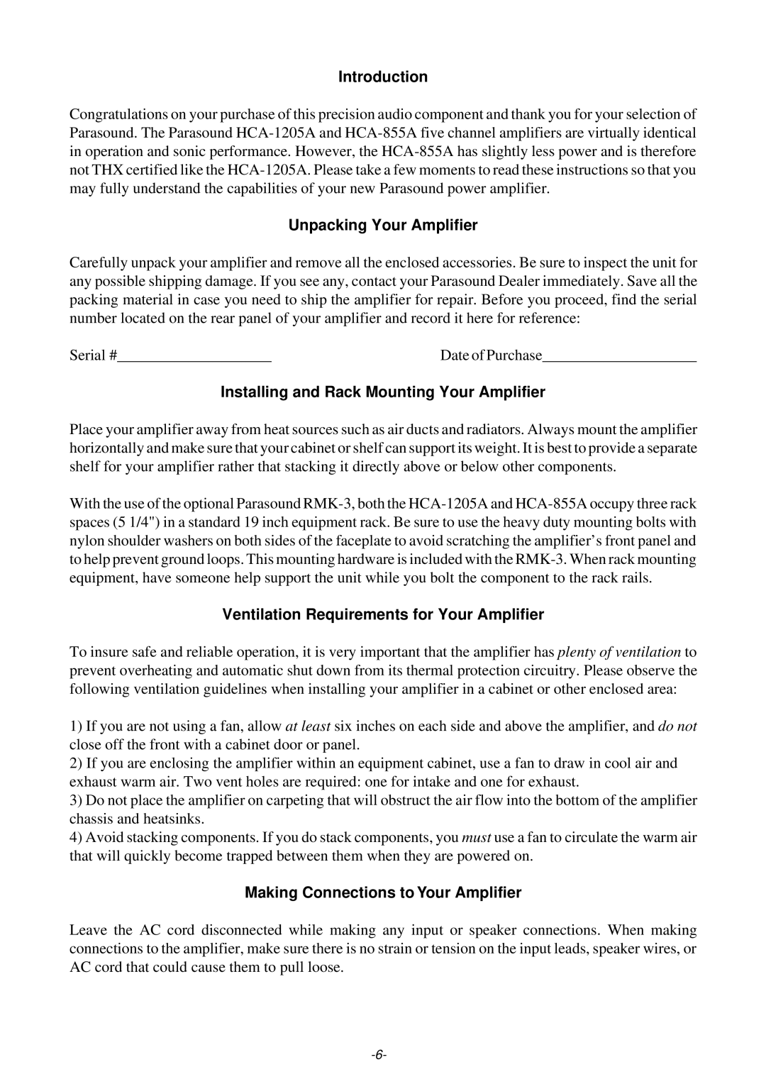 Parasound HCA-1205A owner manual Introduction, Unpacking Your Amplifier 