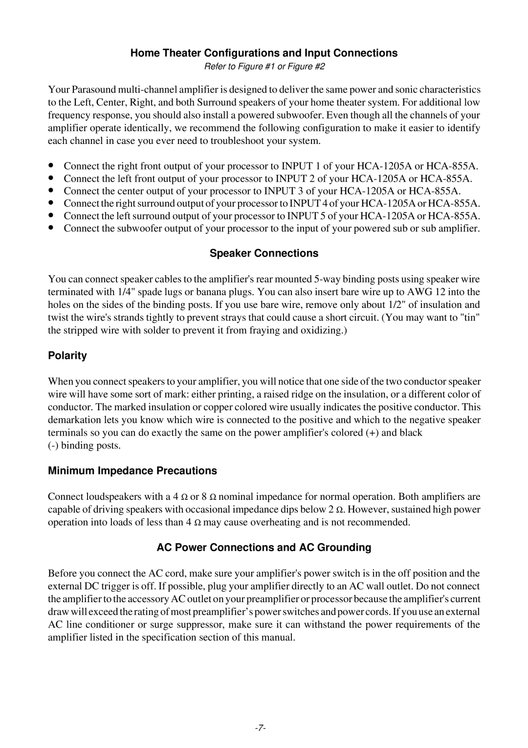 Parasound HCA-1205A owner manual Home Theater Configurations and Input Connections, Polarity, Minimum Impedance Precautions 