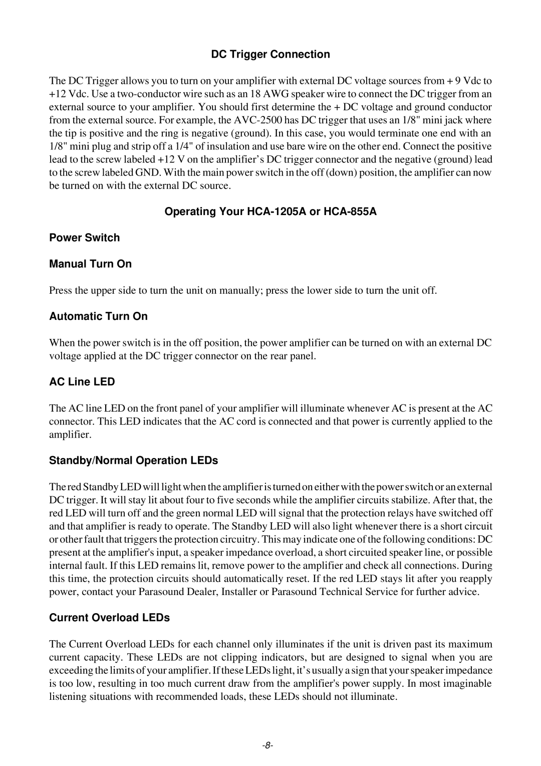 Parasound HCA-1205A owner manual Automatic Turn On, AC Line LED, Standby/Normal Operation LEDs, Current Overload LEDs 