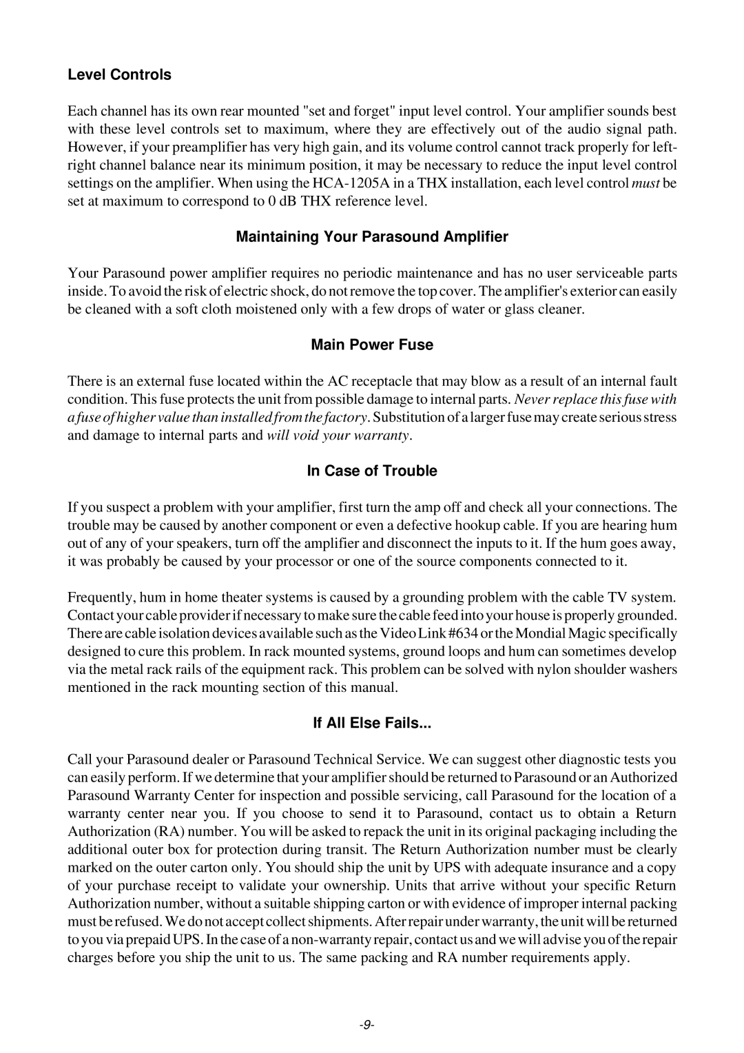 Parasound HCA-1205A owner manual Level Controls, Main Power Fuse, If All Else Fails 