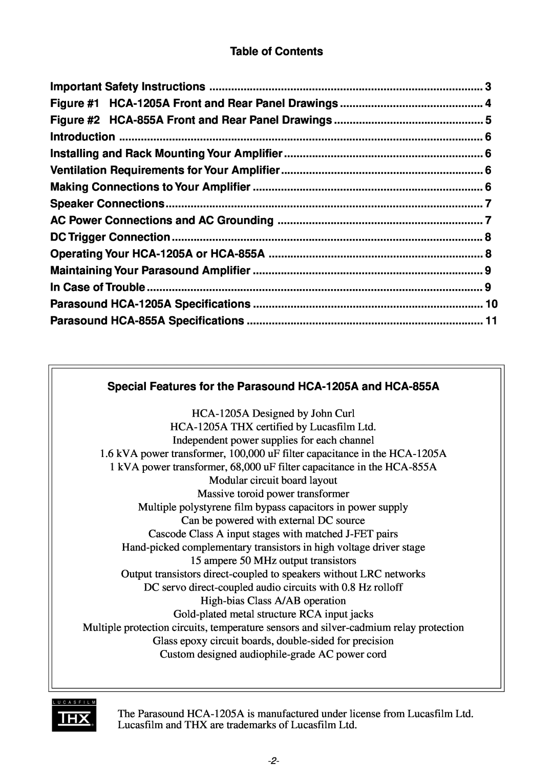 Parasound HCA-1205A owner manual Table of Contents 