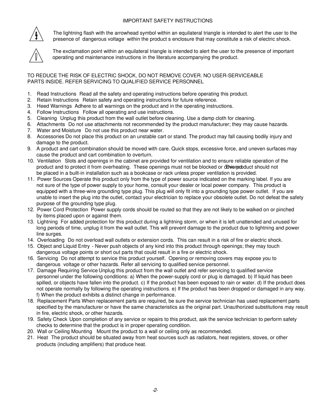 Parasound HCA-1500A owner manual Important Safety Instructions 