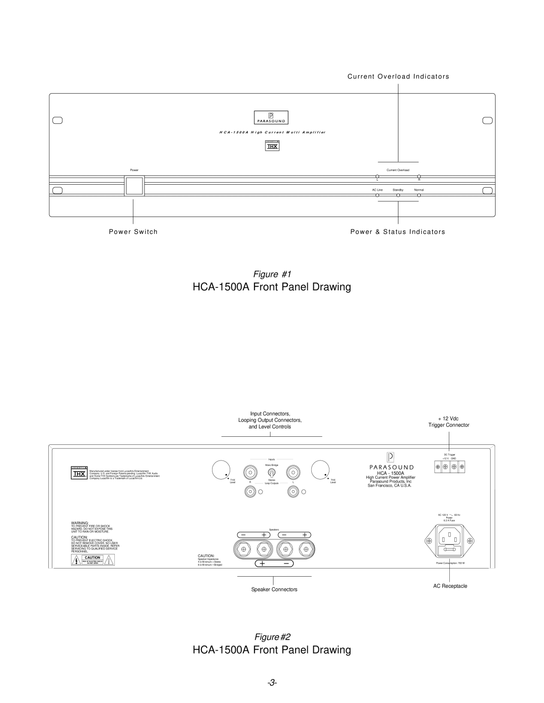 Parasound owner manual HCA-1500A Front Panel Drawing 