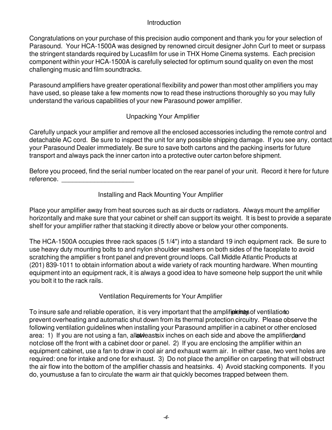 Parasound HCA-1500A owner manual Introduction, Unpacking Your Amplifier, Installing and Rack Mounting Your Amplifier 