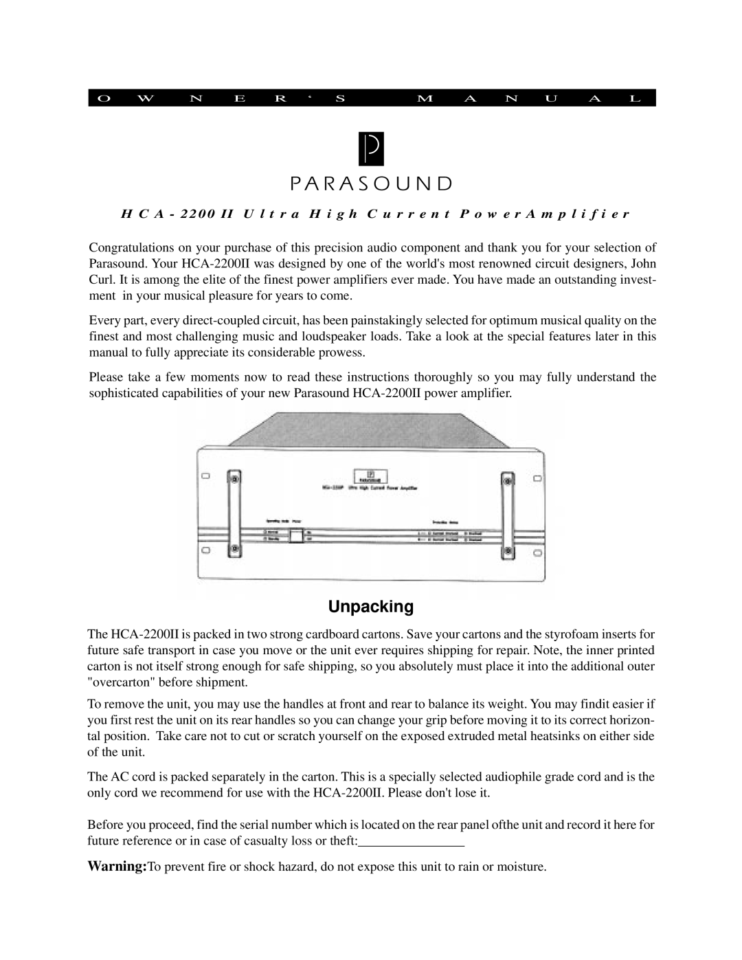 Parasound HCA-2200II owner manual Unpacking 