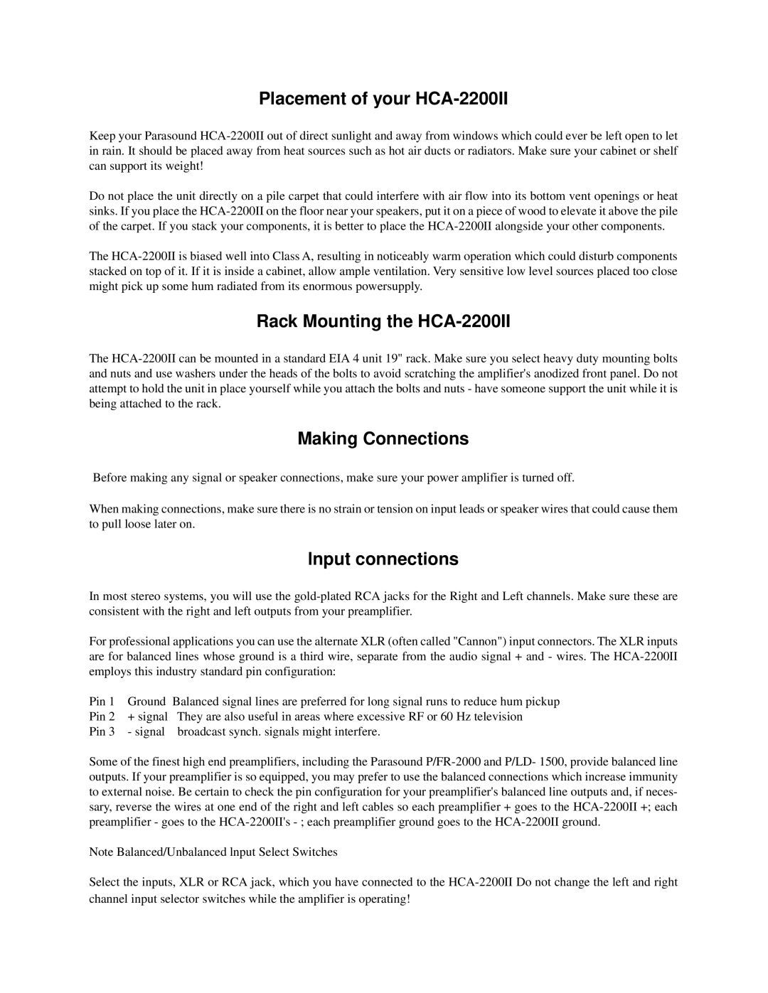 Parasound owner manual Placement of your HCA-2200II, Rack Mounting the HCA-2200II, Making Connections, Lnput connections 